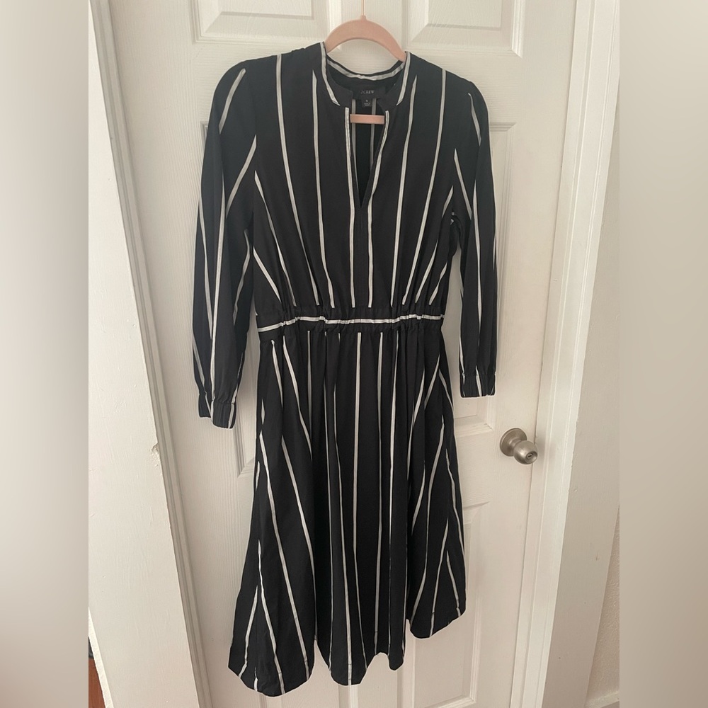 J. Crew Cotton Poplin Cinched Waist Midi Dress in Black with White Stripes